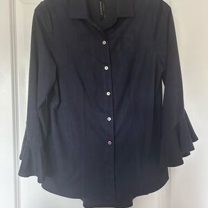 Liverpool women’s navy faux suede button-up top, flared sleeves. Size Small.